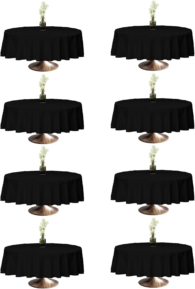 90x90 Table Cloth - 8 Pack Round Black Washable Stain and Wrinkle Resistant Polyester Table Cover for Dining Tables, Various Parties and Camping (Black)