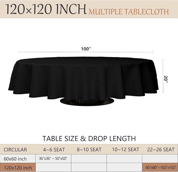 120x120 Table Cloth - 6 Pack Round White Washable Stain and Wrinkle Resistant Polyester Table Cover for Dining Tables, Various Parties and Camping (Black)
