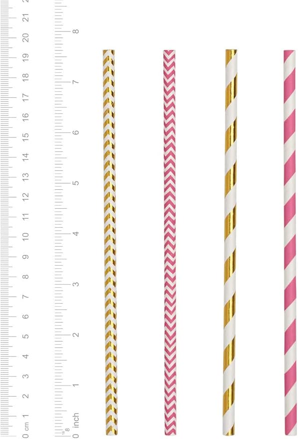 Comfy Package [200 Pack] Hot Pink & Gold Paper Straws Disposable, 100% Biodegradable Multi-Pattern Party Straws For Birthday, Wedding and Holiday Decoration
