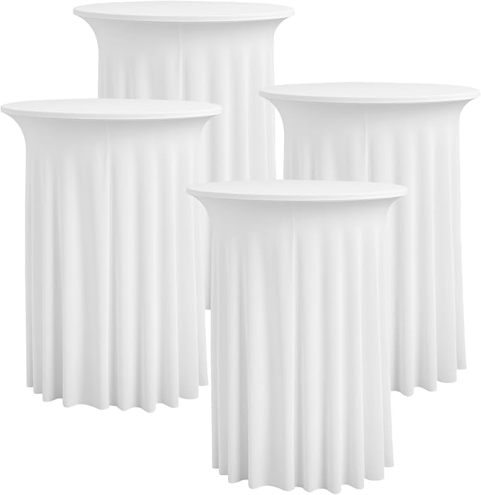 4pk White Cocktail Table Cloth Round 36×43in-High Top Highboy Bar Cocktail Tablecloths-Wrinkle Free Stretchy Fitted Spandex Table Covers with Ruffle Desk Skirt for Wedding Banquet Party Tables