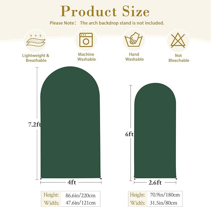 Hunter Green Arch Cover Set of 2-7.2FT, 6FT Christmas Arch Backdrop Cover Spandex Fitted Wedding Arch Stand Covers for Birthday Party Baby Shower Wedding Reception Banquet Photo Background