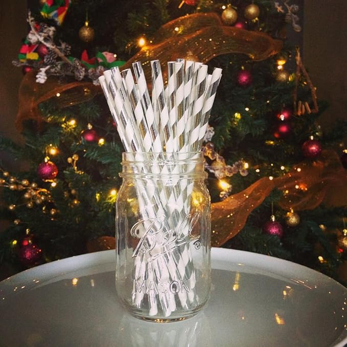 ALINK 100 Silver and White Striped Paper Straws, Biodegradable Disposable Drinking Straws for Christmas, Brithday, New Year, Party Decoration Supplies
