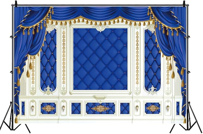 12x8ft Royal Blue Prince Birthday Backdrop Blue and Gold Curtains Photography Background for Newborn Baby Shower Boys Birthday Party Decoration Supplies Cake Table Banner Photo Booth Props