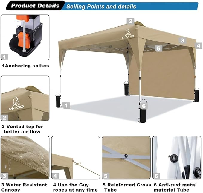 MAOO 10x10 Pop Up Canopy Tent with Sidewall, Easy Setup Instant Outdoor Canopy, 210D Silver Coated Waterproof UPF 50+ Sun Shade Shelter, Heavy Duty Steel Frame, Roller Bag, Khaki