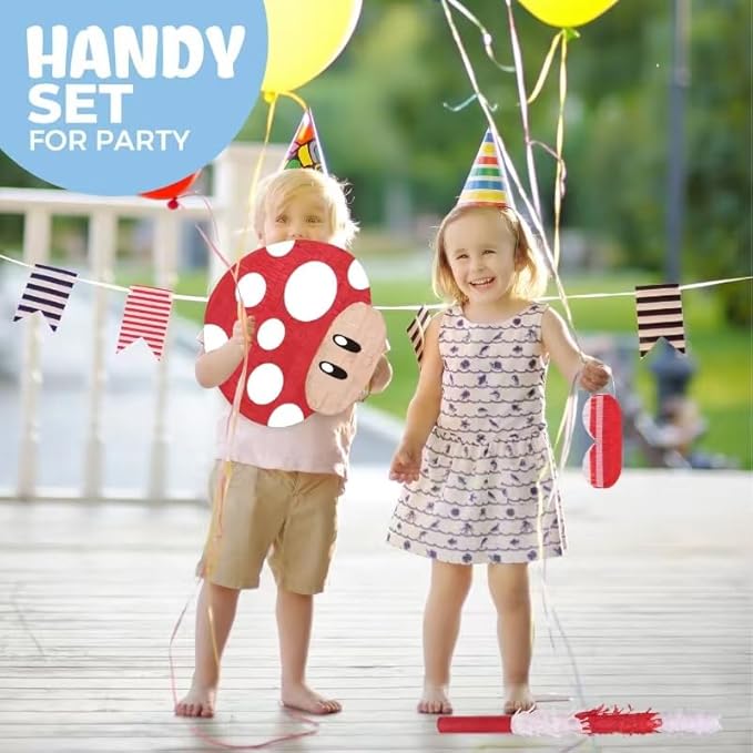 Mushroom Pinatas Bundle with a Blindfold and a Bat(16.5 x 12 x 3.5 Inches), Perfect for kid's Birthday Parties, Mexican Theme Parties, Decorations