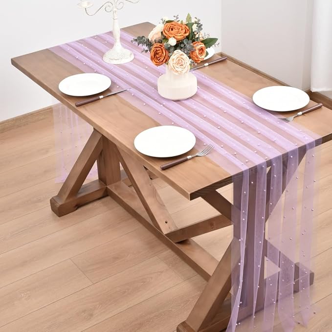 Lilac Pearl Table Runner Boho Rustic Tulle Lace Dining Baby Shower Wedding Arch Decor Veil Dessert Holiday Centerpiece Table Decor 3pcs