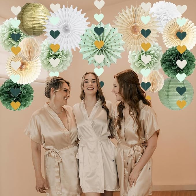 Sage Green Party Decorations Sage Green White Gold Party Decorations Paper Pom Poms Paper Fans Lanterns Sage Beige Gold Love Heart Garland for Birthday Baby Shower Wedding Bridal Shower Party Decor
