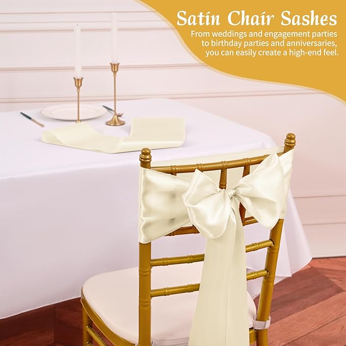 120 PCS Ivory Satin Chair Sashes, Ties Bows Designed Sashes for Washable Reusable Chair Covers Supplies for Wedding Reception Events Banquets Party Hotel Event Aisle Decorations (7 x 108 inch)