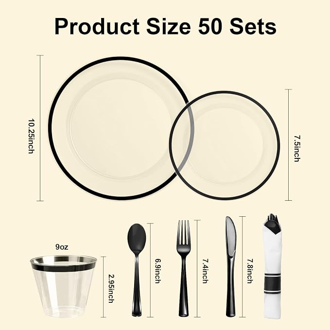 BESTSTAR 350PCS Clear and Black Disposable Plates Set for 50 Guests, 100 Plastic Plates, 50 Plastic Cups, 50 Pre-Rolled Napkins with Cutlery for Graduation Party, Thanksgiving, Birthday, Halloween