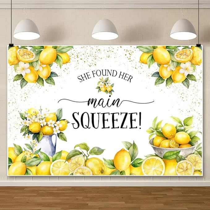 Leowefowa She Found Her Main Squeeze Backdrop for Photography 8x4ft Vinyl Blue Floral Lemon Bridal Shower Decorations Bachelorette Bride to Be Engagement Party Backdrops Photo Booth Banner