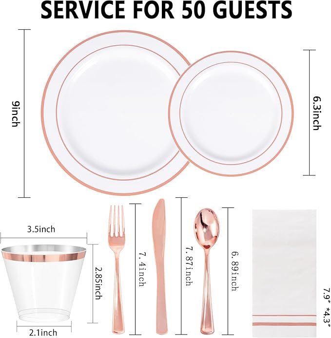 GATHER 350PCS Rose Gold Plastic Plates - Disposable Rose Gold Dinnerware Sets Includes 100 Gold Rimmed Plastic Plates, 150 Silverware, 50 Napkins, 50 Cups for Party, Wedding, Mother's Day