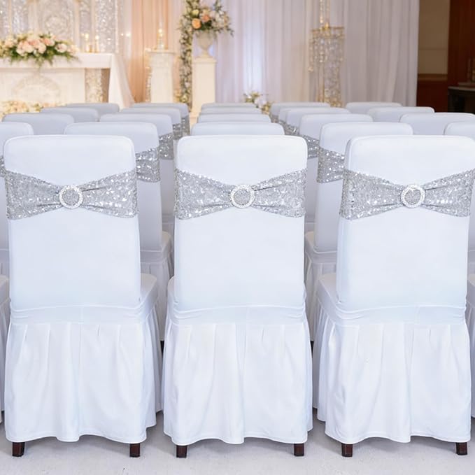 SquarePie Pack of 50 Sequin Chair Sashes Bands Glitter Silver Double-Sided Sequins Stretch Chair Cover Bows with Buckle Slider for Wedding Party Fiesta Banquet Decor