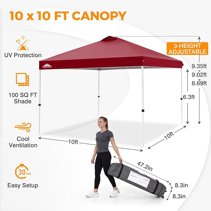 EAGLE PEAK Pop Up Canopy Tent with Wheeled Carry Bag, 8 Stakes, 4 Ropes, 4 Weight Bags, Easy Set Up Tent Canopy, 10x10 ft, 100sqft of Shade, Burgundy