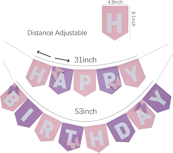Felt Purple Pink Happy Birthday Banner Birthday Decorations for Women Girls Boys Men Pets Handmade Party Backdrop