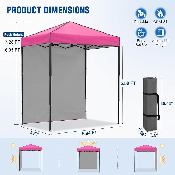 6x4 Pop Up Canopy Tent with One Wall Panel, Instant Portable Beach Canopy, Outdoor Tent with Carry Bag for Camping, Sports, Tailgating, Events, Pink