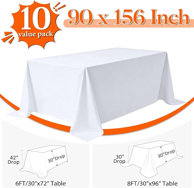 10 Pack White Table Cloth Rectangle 90x156 Inch Rectangular Tablecloths for 8 Foot Tables, Wrinkle Resistant Washable White Tablecloth Polyester Fabric Table Covers for Party Banquet Wedding Buffet