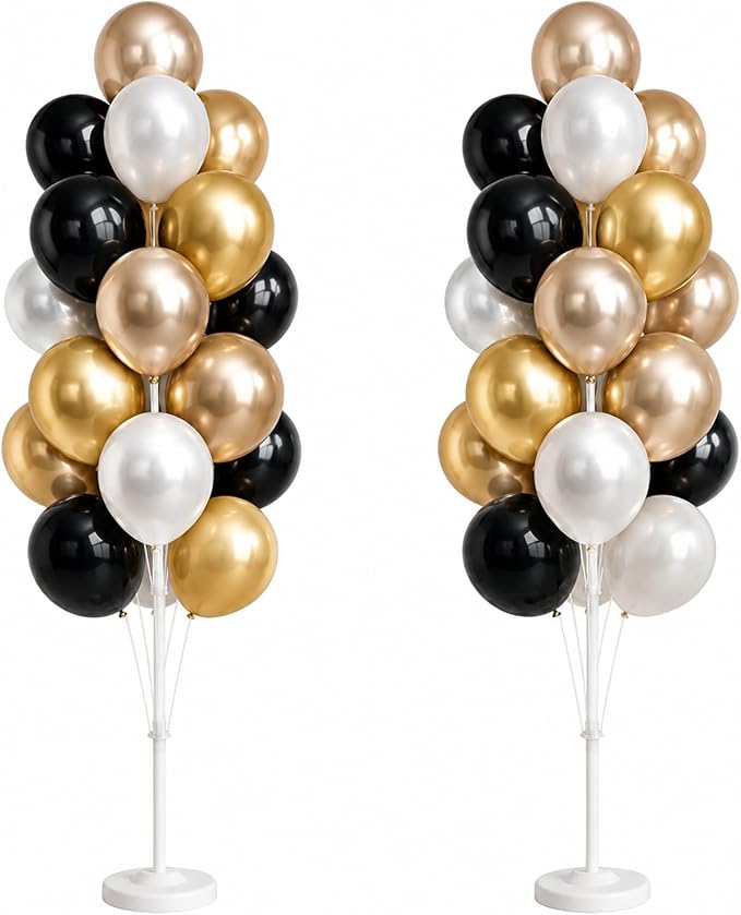 Balloon Column Kit Set of 2 With Balloons Included - with Base, and Pole,Balloon Tower Backdrop Decoration for Wedding, Baby Shower, Birthday Party, or Bachelorette Parties (Black Champagne Gold)