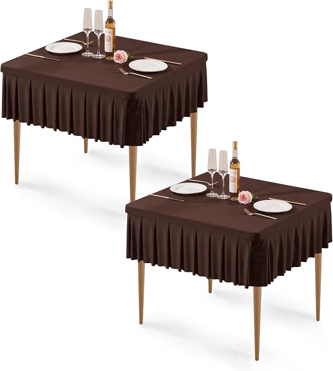 2 Pack Chocolate Spandex Tablecloths for 34x34 Inch Square Tables, Stretch Fitted Table Clothes with Pleated Ruffle Skirt for 34” Table, Wrinkle Free and Elastic, for Party Kitchen Home Dining
