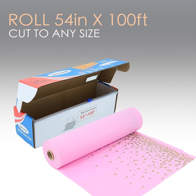 Plastic Tablecloth Roll – 54" x 100' Plastic Tablecloths for Parties Disposable with Cutter Box - Cut to Size Disposable Tablecloth for Rectangle & Round (Gold Dots-Pink)