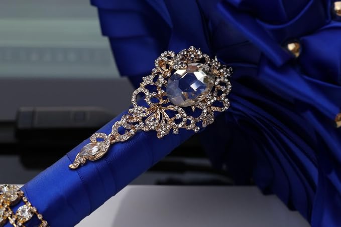 Royal Blue Bridal Wedding Bouquet with Gold Brooch Rhinestone Pearl Satin Rose Flower Bouquet for Bride Bridesmaid Quinceanera Wedding Royal Blue 9.5in