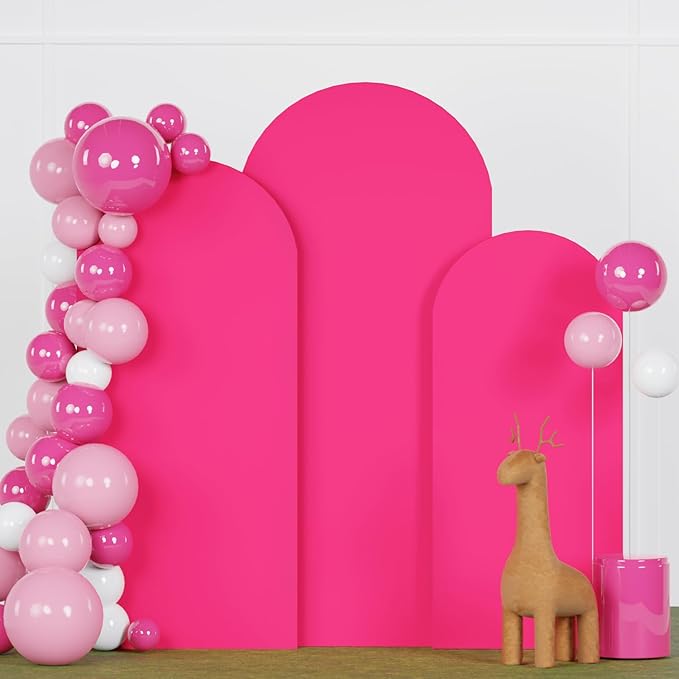 FANPROMS Arch Backdrop Cover Set of 3 Hot Pink Arch Cover Backdrop Fabric 5FT 6FT 7FT Spandex Round Top Arches Stand Covers for Birthday Party Arched Covers Stretchy Backdrops for Prom Reception Decor