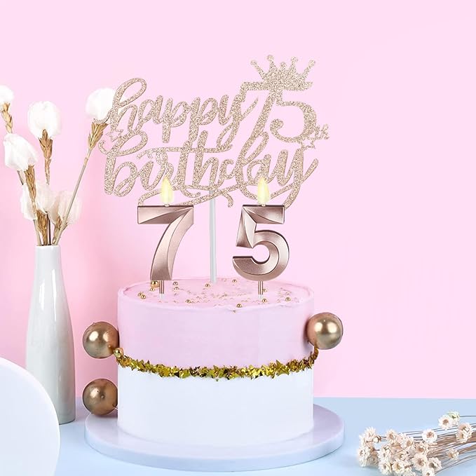 75th Birthday Decorations for Women Including Crown, Sash, Cake Topper, Candles and 12oz Wine Tumbler with Lid, 75th Birthday Gifts for Women