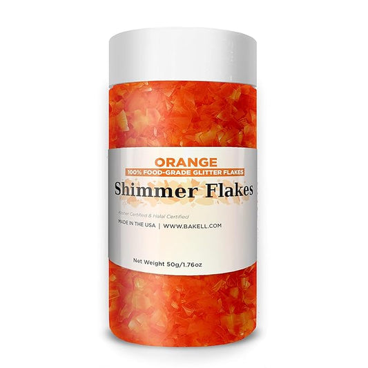 BAKELL Edible Glitter Flakes | Vegan Orange Edible Shimmer Flakes | KOSHER Certified | Halal Certified | 100% Edible & Food Grade | Cakes, Cupcakes, Decoration (Orange, 50g)