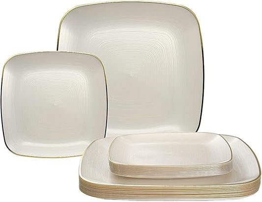 " OCCASIONS " 50 Plates Pack (25 Guests)-Wedding Party Disposable Plastic Plate Set -25 x 10'' Dinner + 25 x 7'' Salad & Dessert plates (Belize Square in Ivory & Gold)