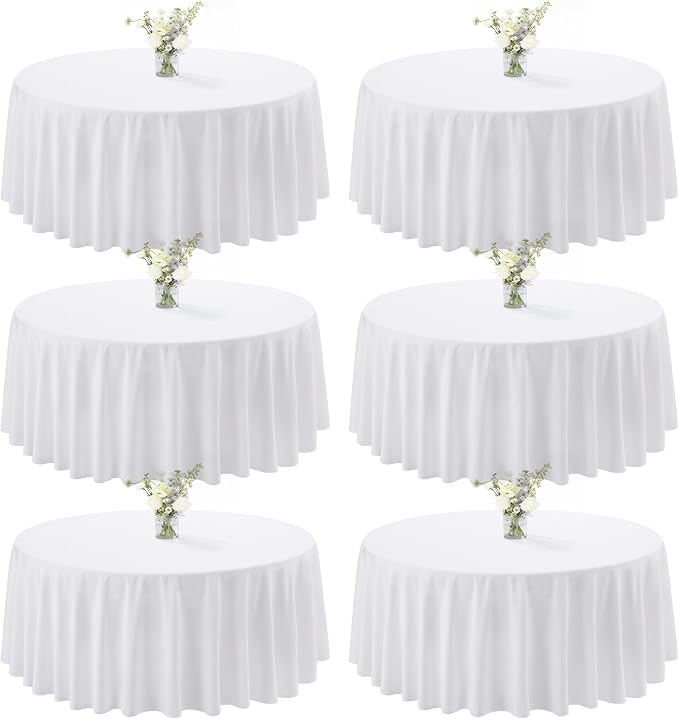 joybest 6 Pack White 108 Inch Round Tablecloths, Washable Polyester Fabric Circle Table Cloth for Wedding Party Banquet Birthday Buffet Restaurant