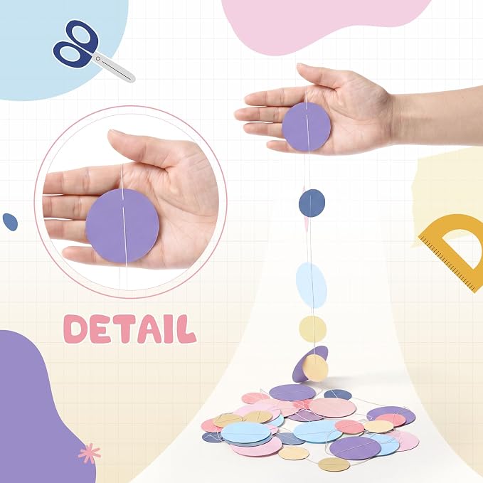 Outus 10 Pieces Colorful Circle Garland Banner Hanging Paper Dot Decorations for Classroom, Birthday Party, Baby Shower, Wedding Backdrop & Photo Booth Graduation Decor (Pastel Rainbow)