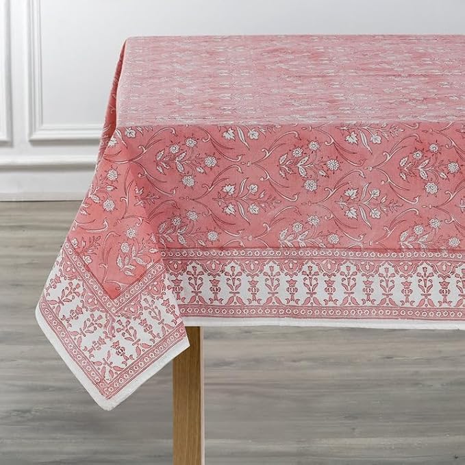 Ridhi Sweet Pink Hand Block Print Cotton Rectangle Tablecloth 120" x 80" inches Reusable Table Cover Decorative Everyday Use for Dining Room, Farmhouse, Home Gift for Spring, Mother's Day