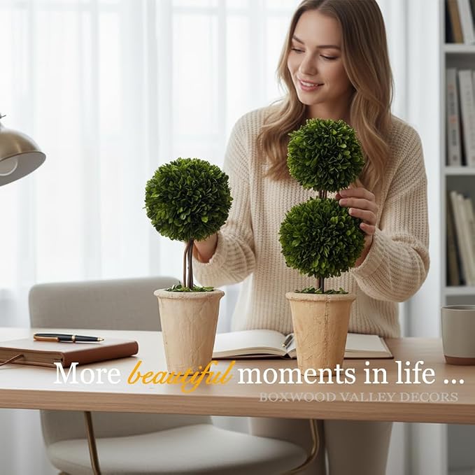Real Preserved Boxwood Evergreen Potted Tree Globe Tree Topiary in Terracotta Planter, Home Decor Farmhouse (Double Balls Topiary, 20 inches)