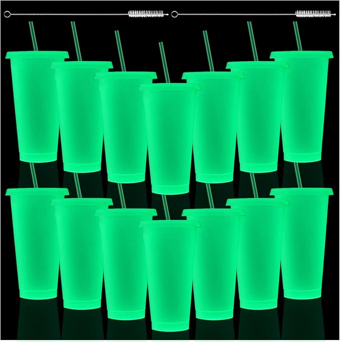 Honeydak 15 Pack 24 oz Glow in The Dark Cups Gift Bulk Light up Neon Plastic Tumbler with Straw and Lid Glow in The Dark Party Supplies Water Bottle Iced Coffee Mug Reusable(Fluorescent Green)