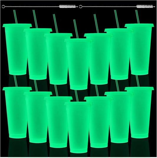 Honeydak 15 Pack 24 oz Glow in The Dark Cups Gift Bulk Light up Neon Plastic Tumbler with Straw and Lid Glow in The Dark Party Supplies Water Bottle Iced Coffee Mug Reusable(Fluorescent Green)