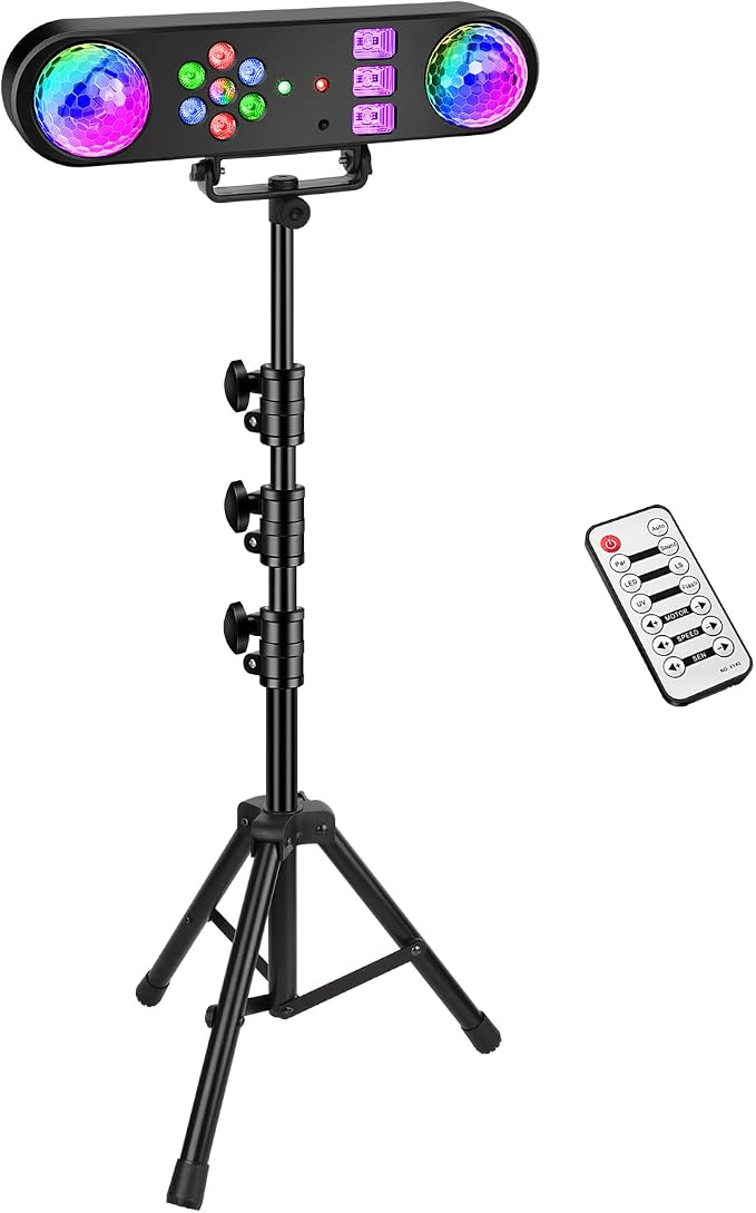DJ Party Lights with Stand: Complete 5IN1 Light Bar System - Sound Activated Disco Ball UV Blacklight Strobe LED Par & Pattern Lights - Tripod Stand for House Parties Mobile DJs Christmas Lighting