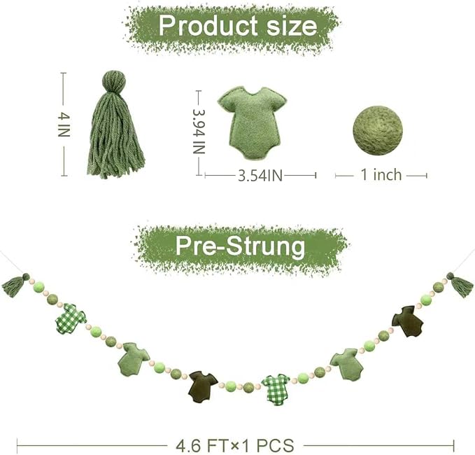 Sage Green Plaid Baby Clothes Decorations Pre-Strung Handmade Felt Baby Clothes Wooden Bead Wool Felt Ball Banner Garland for Neutral Gender Reveal Baby Shower Party Nursery Fireplace Home Decor