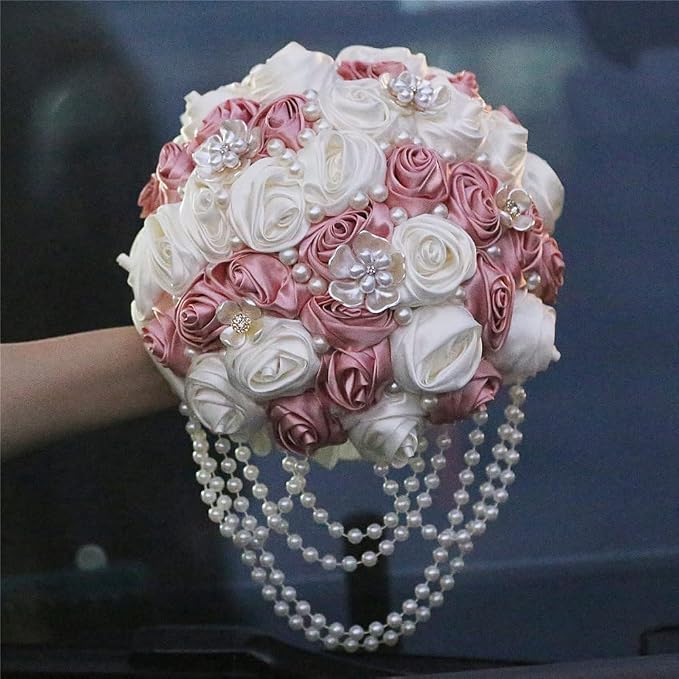 Pink Wedding Bouquet with Brooch Pearl String Cascade Bouquet for Bride Bridesmaid Quinceanera Artificial Satin Rose Flower Bridal Bouquet Wedding Blush Pink and Ivory 6.3in
