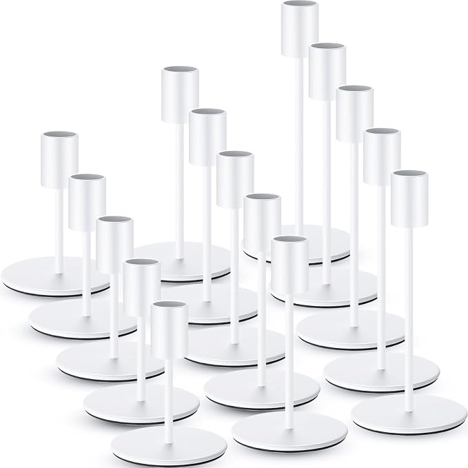 Sieral Candle Holders Bulk Taper Candlesticks Holders Set Modern Decorative Metal Candelabras for Wedding Anniversary Home Dinning Table Centerpiece Xmas Party Decor(Matte White,15 Pcs)
