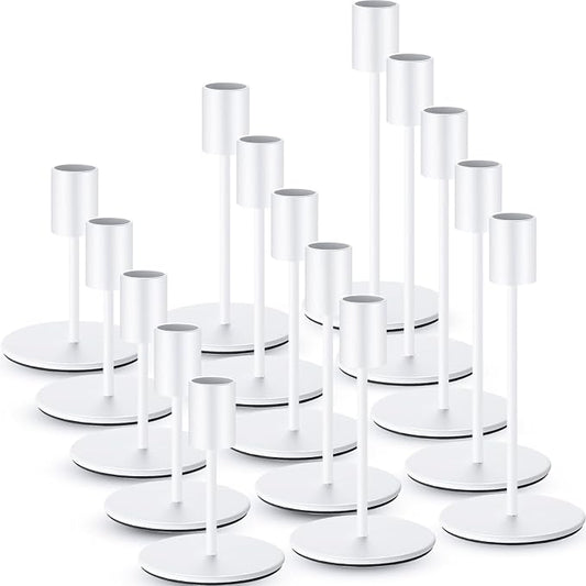 Sieral Candle Holders Bulk Taper Candlesticks Holders Set Modern Decorative Metal Candelabras for Wedding Anniversary Home Dinning Table Centerpiece Xmas Party Decor(Matte White,15 Pcs)