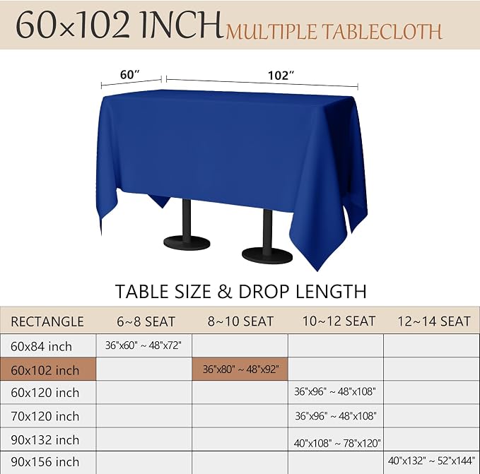 60x102 Table Cloth - 6 Pack Rectangular Black Washable Stain and Wrinkle Resistant Polyester Table Cover for Dining Tables, Various Parties and Camping (Royal Blue)