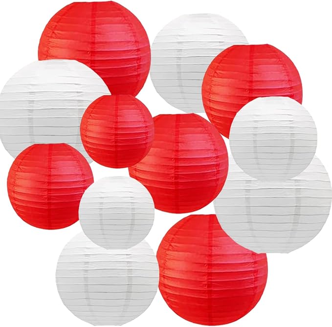 CC wonderland zone 12pcs Red and White Paper Lanterns,Hanging Paper Lanterns for Baby Shower Wedding Valentine's Day Engagement Birthday Party Decorations