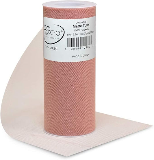 Expo International Decorative Matte Tulle, Roll/Spool of 6” X 200 Yards, Lightweight Polyester Tulle Fabric for Tutus, Costumes, and Party Decorations, Washable, Easy-to-Use, Rose Gold