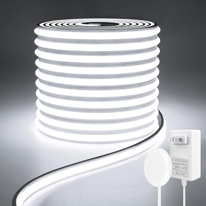 16.4FT Neon COB LED Strip Lights 24V 1400 LEDs Penetrable Wood Touch Sensor LED Rope Lights Waterproof White Dimmable Silicone Neon Light Strip for Indoors Bar Bedroom Cabinet Decor