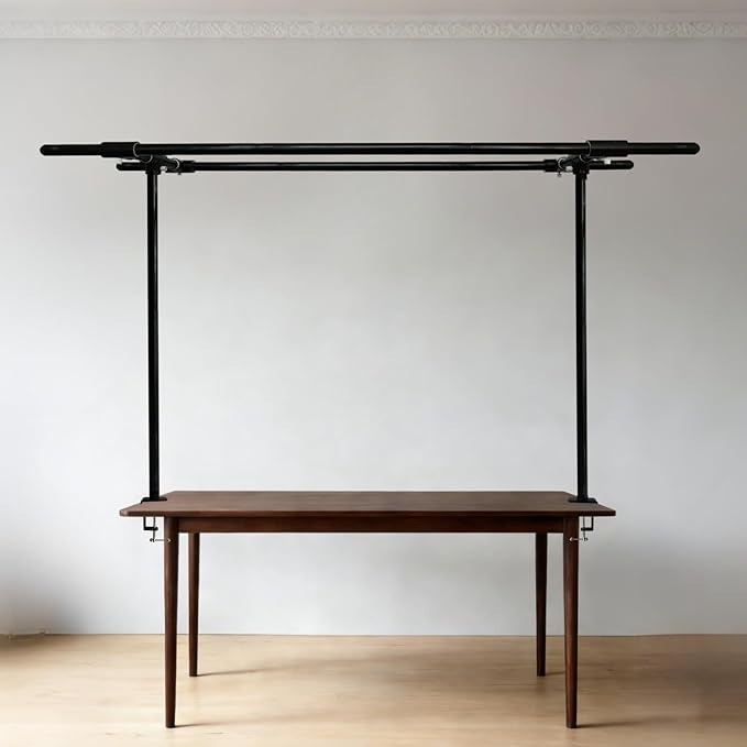 Beyeutao Over The Table Rod Stand with Clamps Adjustable 16"-87" Length 16"-45" Height Black Double Crossbar Table Arch Stand Metal Table Balloon Arch for Photo Booth Party Decoration