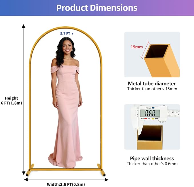 Hemmotop 6FT Arch Backdrop Stand for Party, Ceremony, Metal Arch Frame with Ground Stakes, Gold Photo Back Drop Stand for Bridal Shower, Birthday, Photo Booth, Garden Decoration, Baby Shower