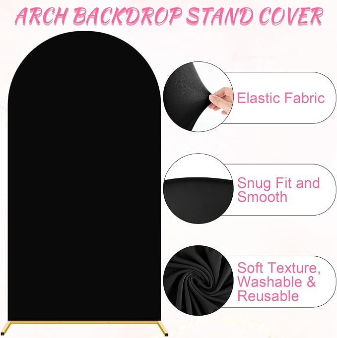 PLULON 7.2FT Metal Arch Backdrop Stand and Wedding Arch Cover Set Wedding Arched Frame Balloon Arch Backdrop Stand for Party Birthday Baby Shower Bridal Banquet Ceremony Decoration (Black Cover 7.2FT)