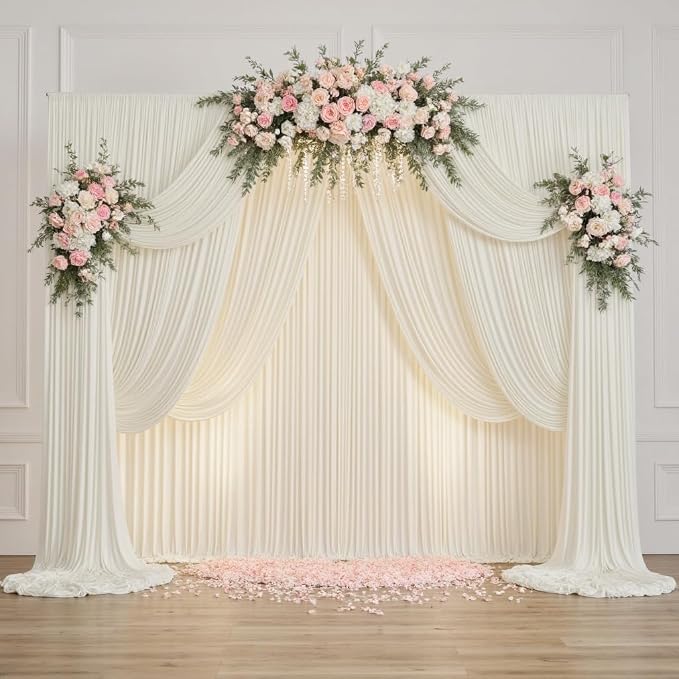 50ftx14FT Wrinkle Free Ivory Backdrop Curtain, 10 Panels 14FT Height Ivory Wedding Backdrop Drapes, Silky Polyester Back Drop Cloth for Birthday Photography Background Party Backdrop Draping