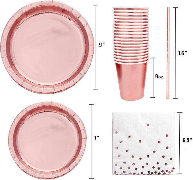 Rose Gold Birthday Party Favors for Women Rose Gold Plates and Napkins Party Supplies,Disposable Paper Plates and Cups Set for First Day of School,Bridal Shower,Baby Showers,Christmas, Serves 20