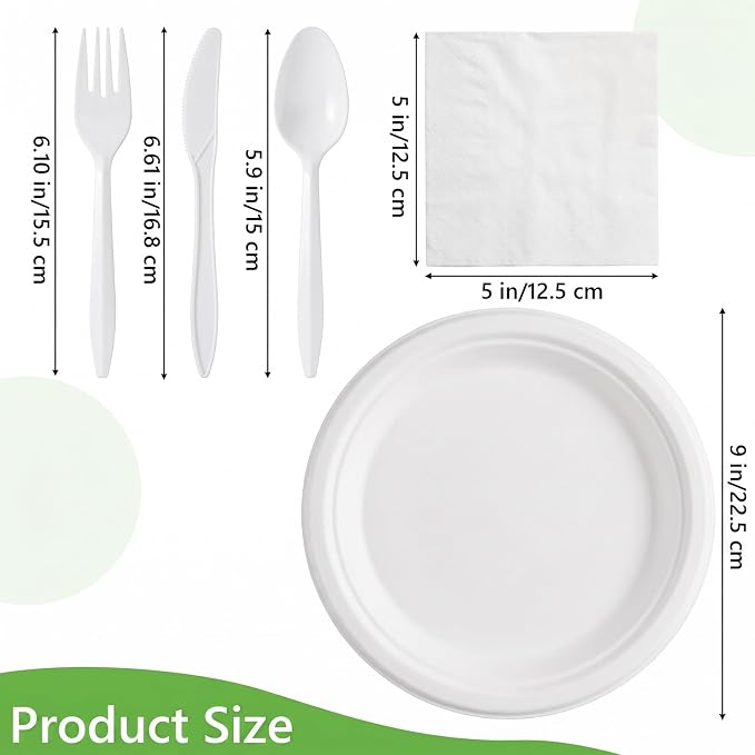 500Pcs Compostable Paper Plates Set Party Supplies Severs 100 Guests Disposable Party Plates Heavy-duty Utensil Disposable Party Plate Fork Knives Spoon Napkin Dinnerware for Birthday Wedding Camping