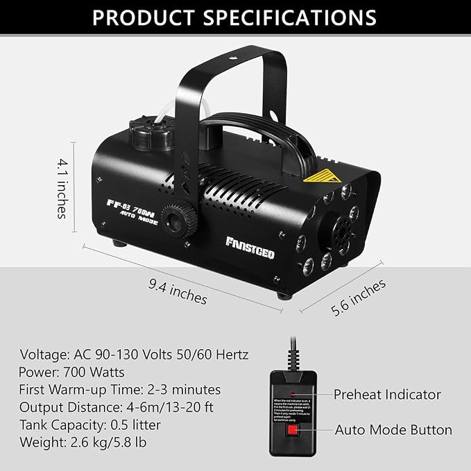 Fog Machine with 8 LED Lights, 700 Watts Smoke Machine with Wireless Remote, Manual Control, Auto Mode-Perfect for Halloween Party Wedding Stage